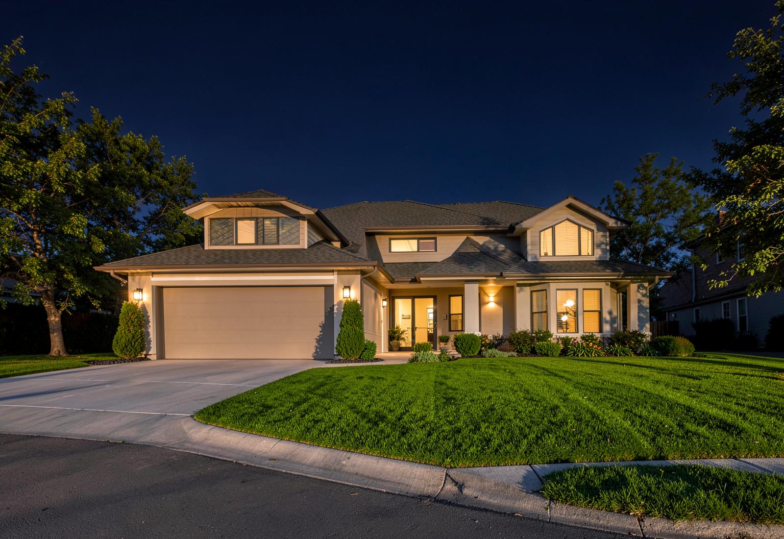 Suburban home with a neatly maintained front lawn and clean driveway